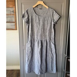 Vivid Women's Lagenlook Linen Short Sleeve Midi Dress, Navy Gray,